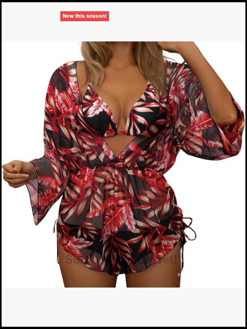 3 Piece Swimsuit Set Sheer Mesh Cover Up Bikini Tropical Floral